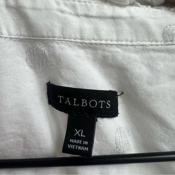 Talbots Metallic Swiss Dots Ruffle Collar Tunic Top Long Sleeve White Silver XL - Picture 8 of 12